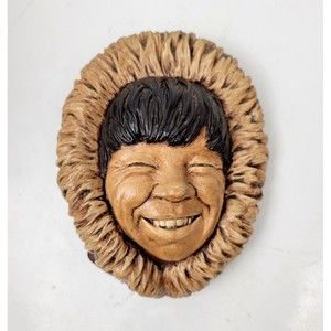 Vintage Bossons Chalk Ware Head Inuit Eskimo Wall Art Black Hair Fur Hood
